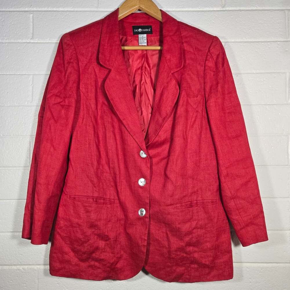 Vtg Sag Harbor Blazer 14 Cherry 100% Linen 3 Button Career Office Jacket Beach